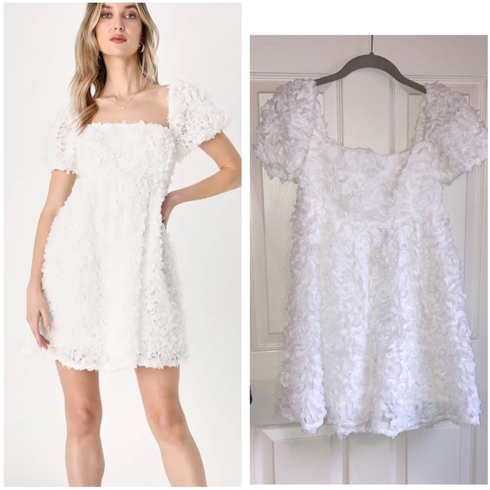 Lulus Precious Passion Floral 3D Puff Short Sleeve Babydoll Dress White XSmall